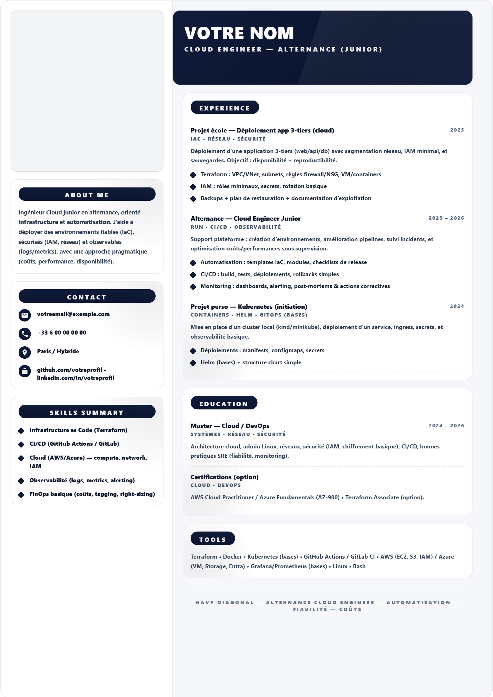 Alternance — Cloud Engineer (Junior) — Navy Diagonal
