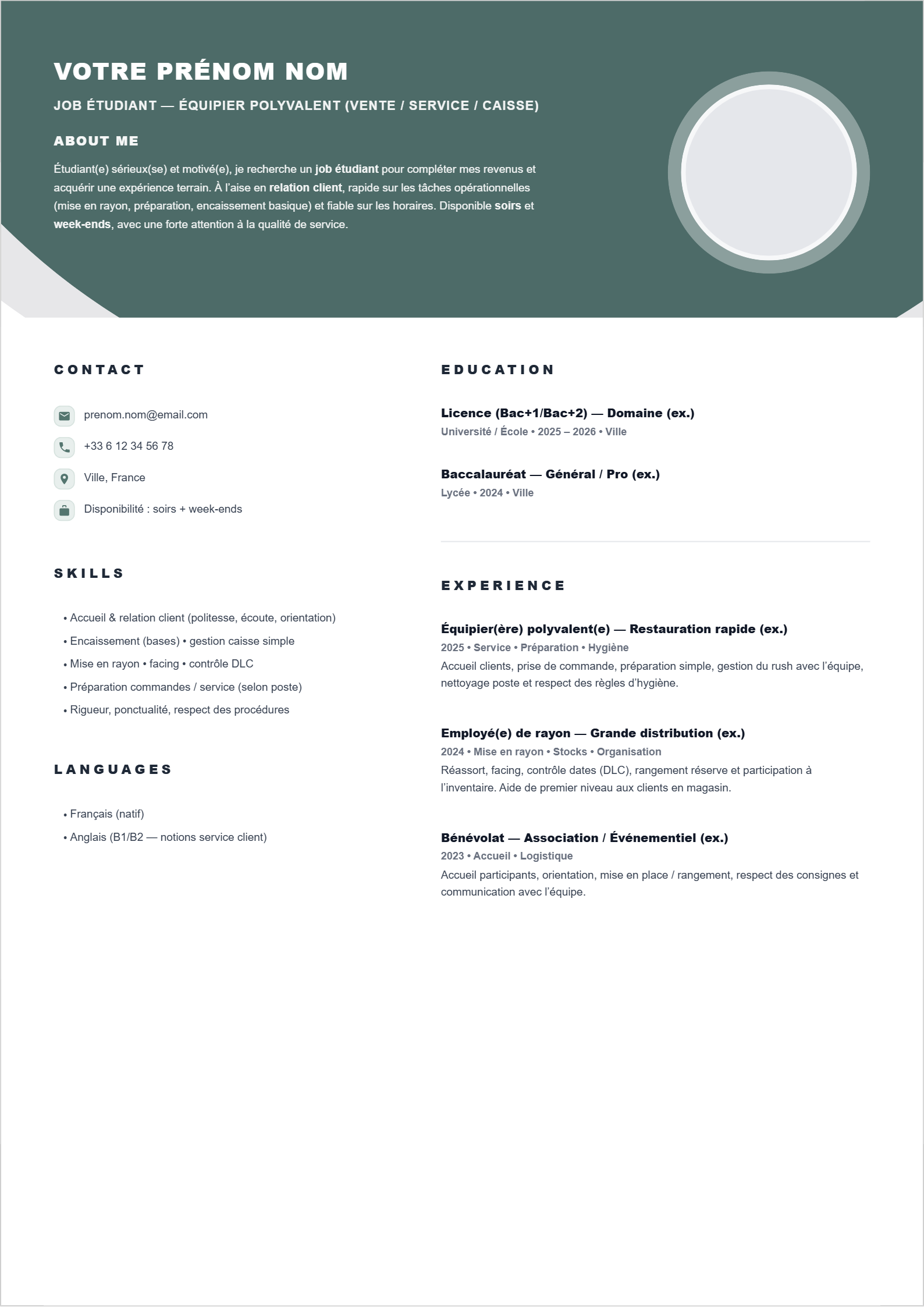 Job Étudiant (Équipier Polyvalent / Vente & Service) -- Sage Arc