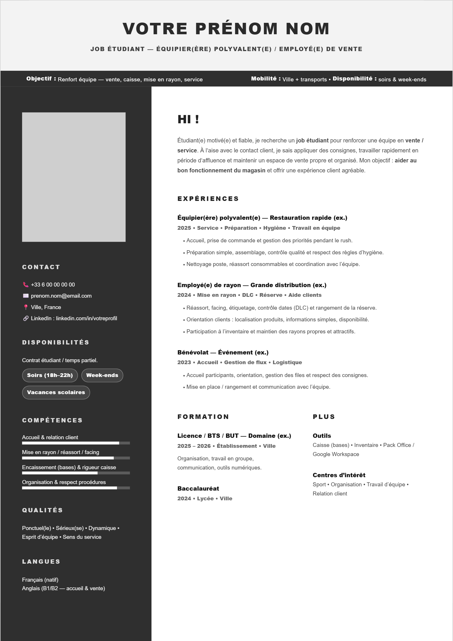 Job Étudiant - Équipier Polyvalent -- Dark Sidebar Pro
