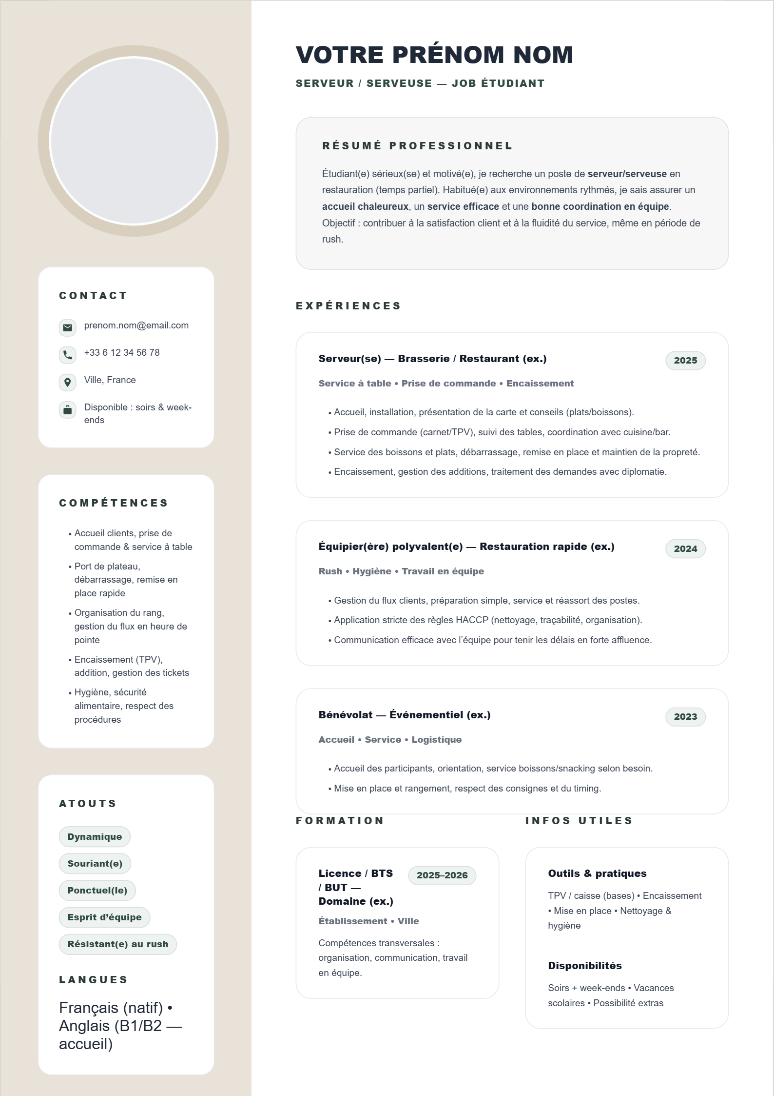 Job Étudiant Serveur / Serveuse -- : Soft Sage